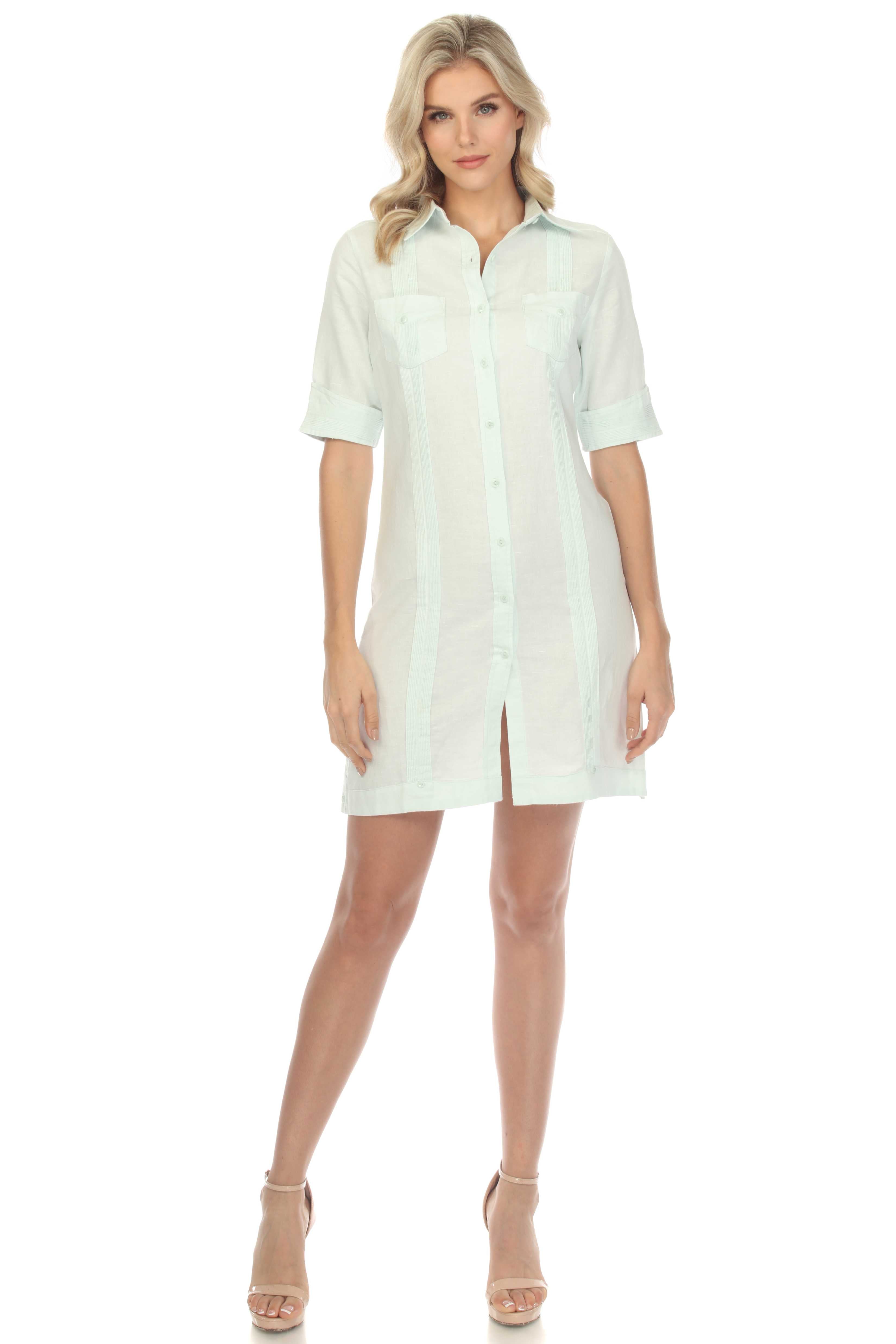 Vestido clásico guayabera para mujer, de mezcla de lino, manga corta, botones