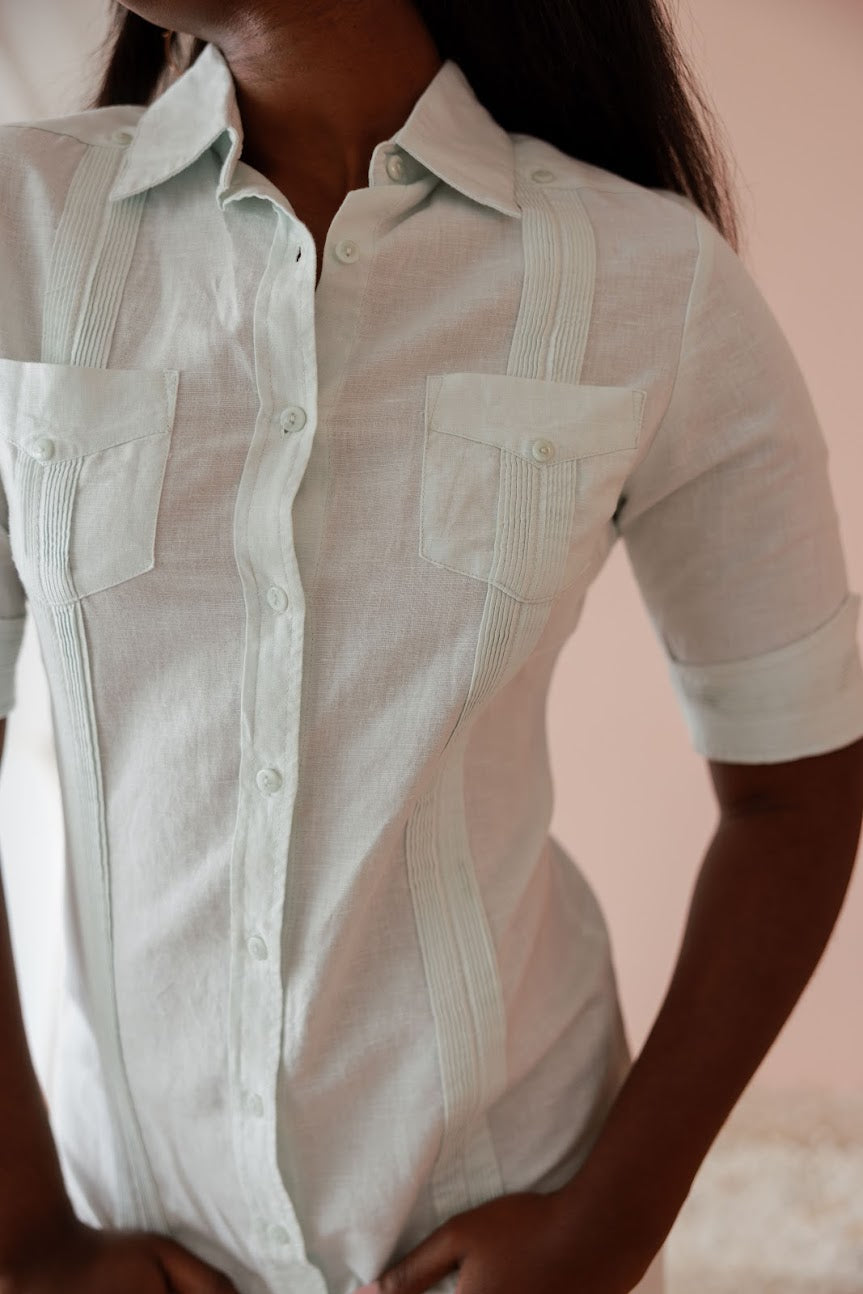 Vestido clásico guayabera para mujer, de mezcla de lino, manga corta, botones
