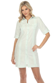 Vestido clásico guayabera para mujer, de mezcla de lino, manga corta, botones