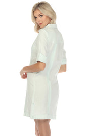 Vestido clásico guayabera para mujer, de mezcla de lino, manga corta, botones