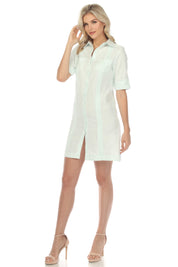 Vestido clásico guayabera para mujer, de mezcla de lino, manga corta, botones