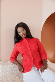 Guayabera de lino premium para mujer: estilo tradicional de 4 bolsillos y manga 3/4