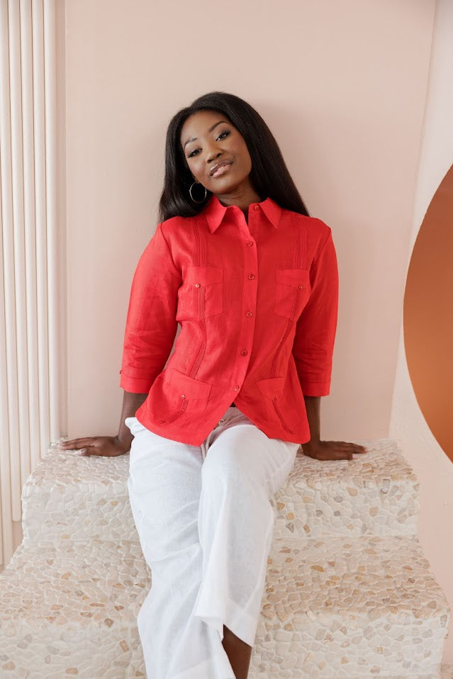 Guayabera de lino premium para mujer: estilo tradicional de 4 bolsillos y manga 3/4