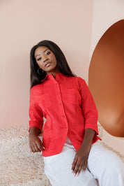 Guayabera de lino premium para mujer: estilo tradicional de 4 bolsillos y manga 3/4