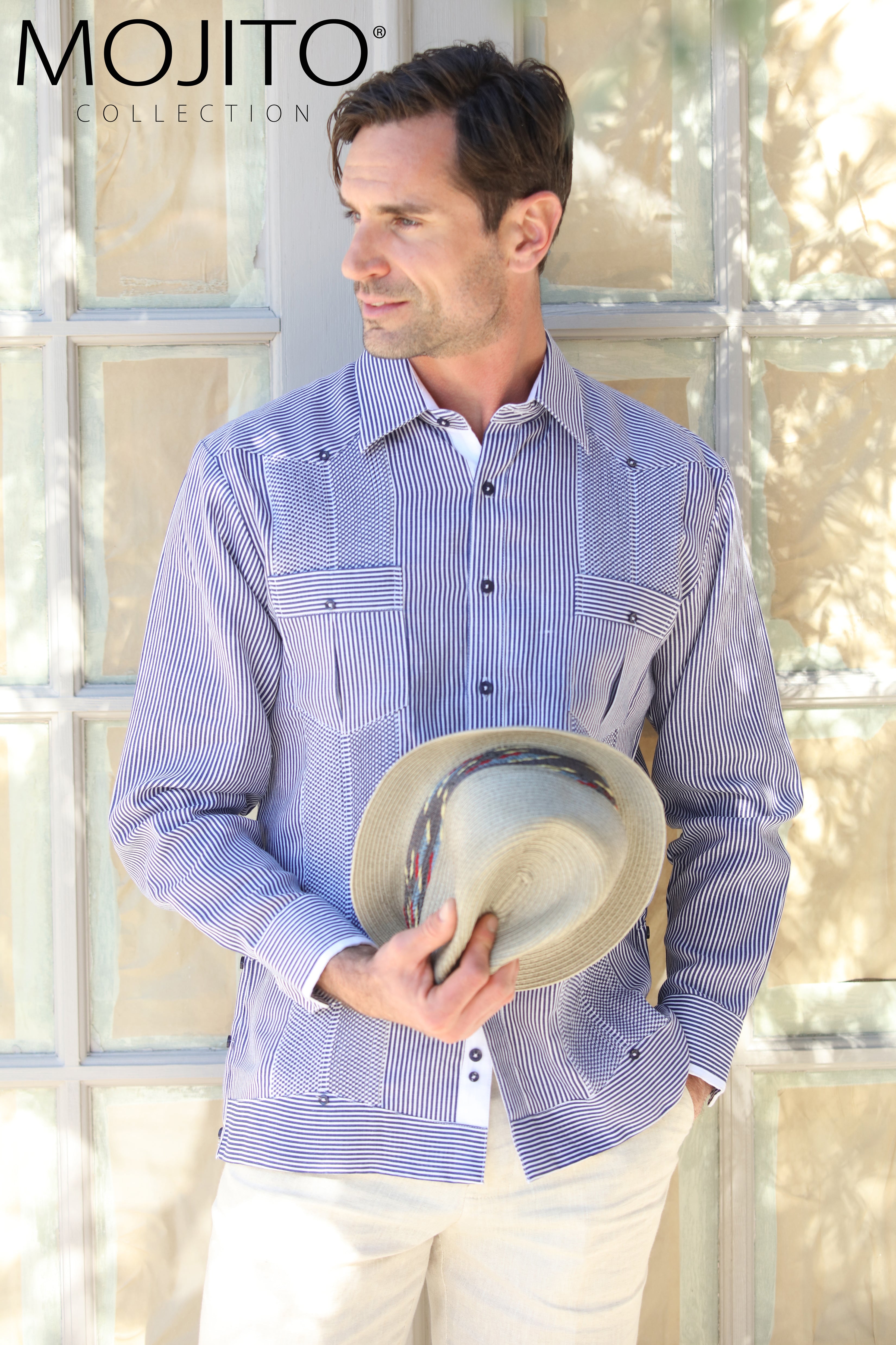 Mojito Collection Pinstripe 100% Linen Guayabera Shirt Long Sleeve - Mojito Collection - Guayabera, Long Sleeve Shirt, Mens Shirt, Mojito Guayabera Shirt