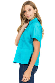Guayabera tradicional de manga corta con 4 bolsillos, 100 % lino, para mujer