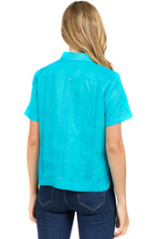 Guayabera tradicional de manga corta con 4 bolsillos, 100 % lino, para mujer