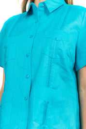 Guayabera tradicional de manga corta con 4 bolsillos, 100 % lino, para mujer