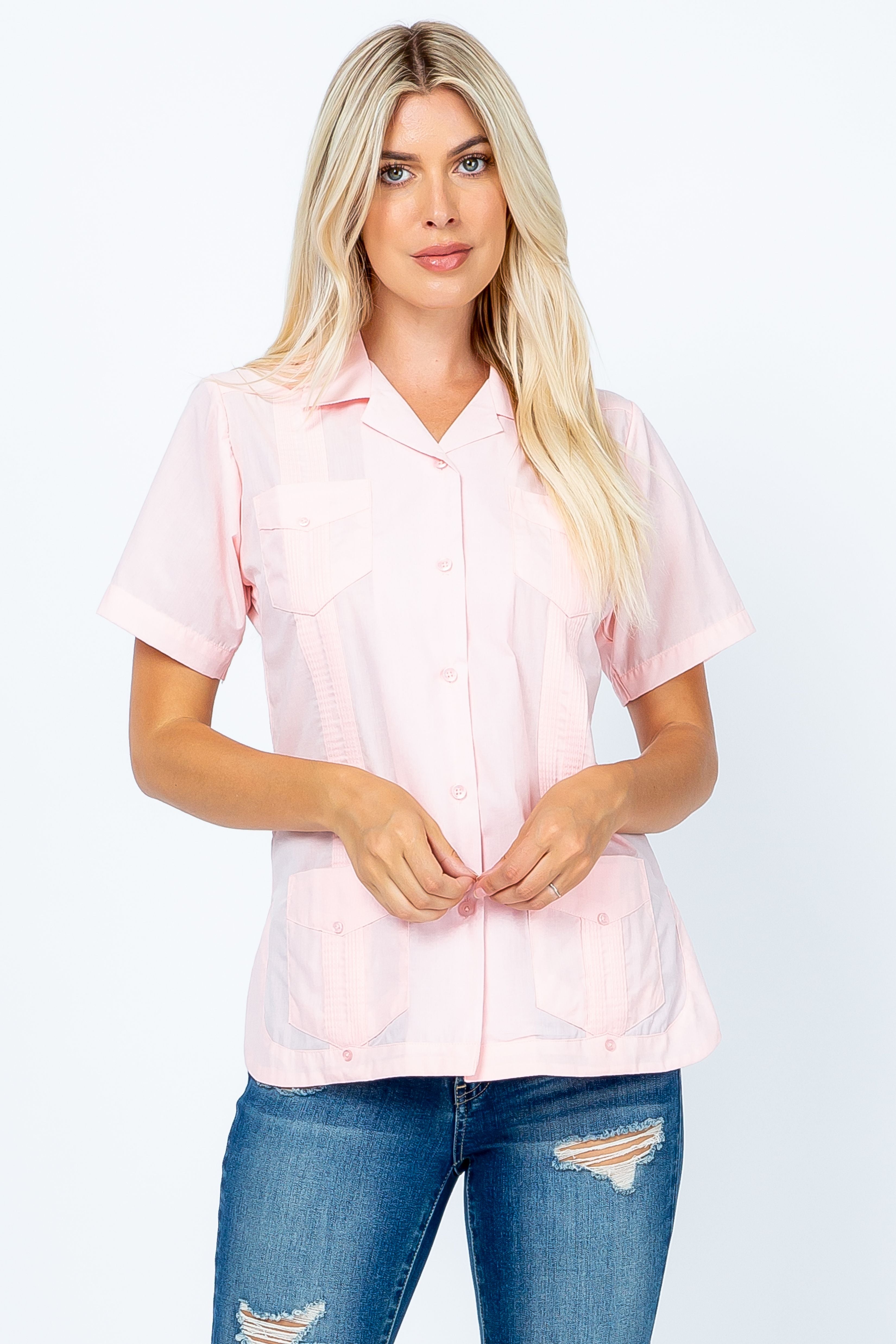 Women's Traditional Guayabera Shirt Cotton Blend 4 Pocket Design Short Sleeve - Mojito Collection - Mojito Lady Guayabera Shirt, Women's Guayabera Shirt, Womens Guayabera Short Sleeve Shirt,