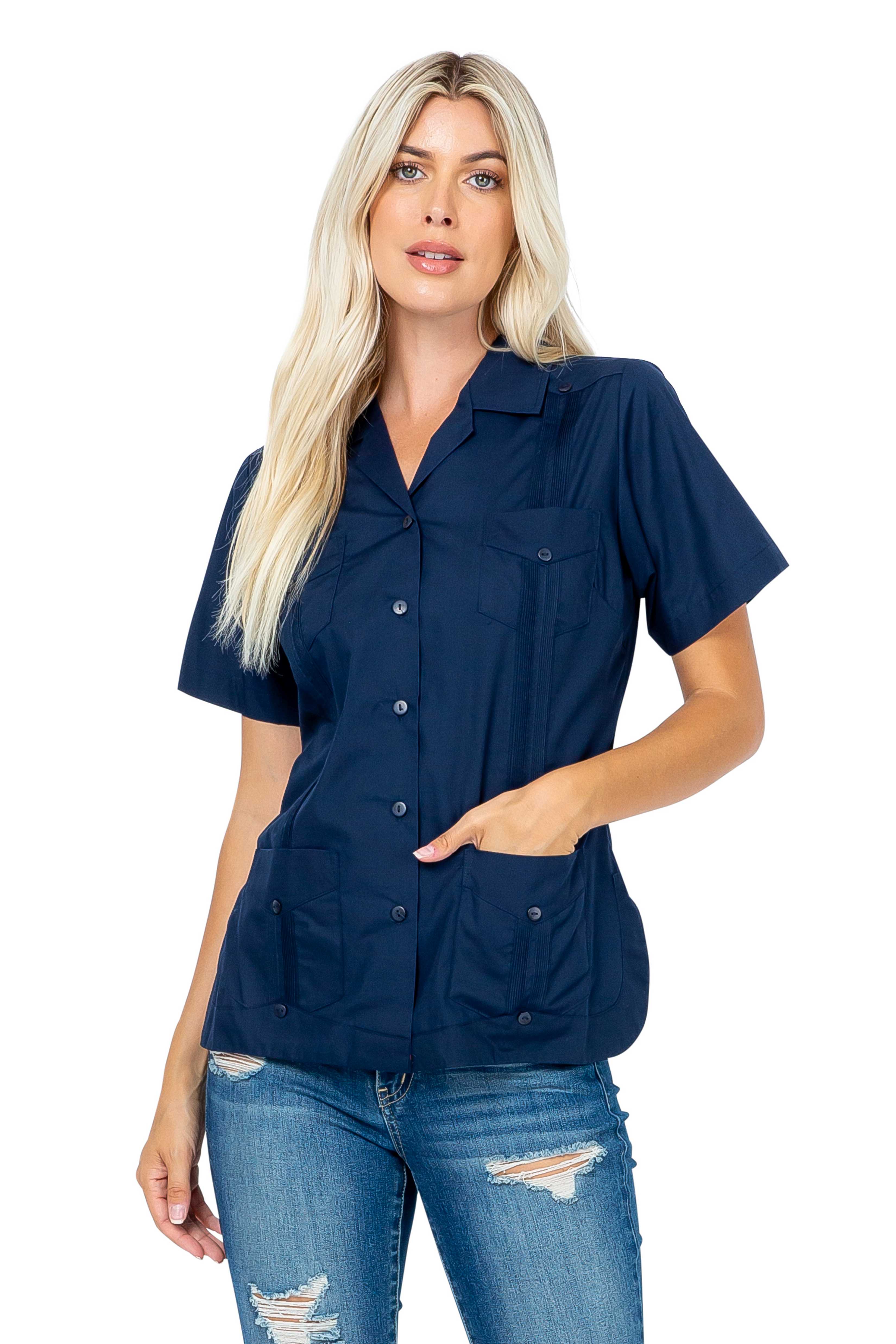 Women's Traditional Guayabera Shirt Cotton Blend 4 Pocket Design Short Sleeve - Mojito Collection - Mojito Lady Guayabera Shirt, Women's Guayabera Shirt, Womens Guayabera Short Sleeve Shirt,