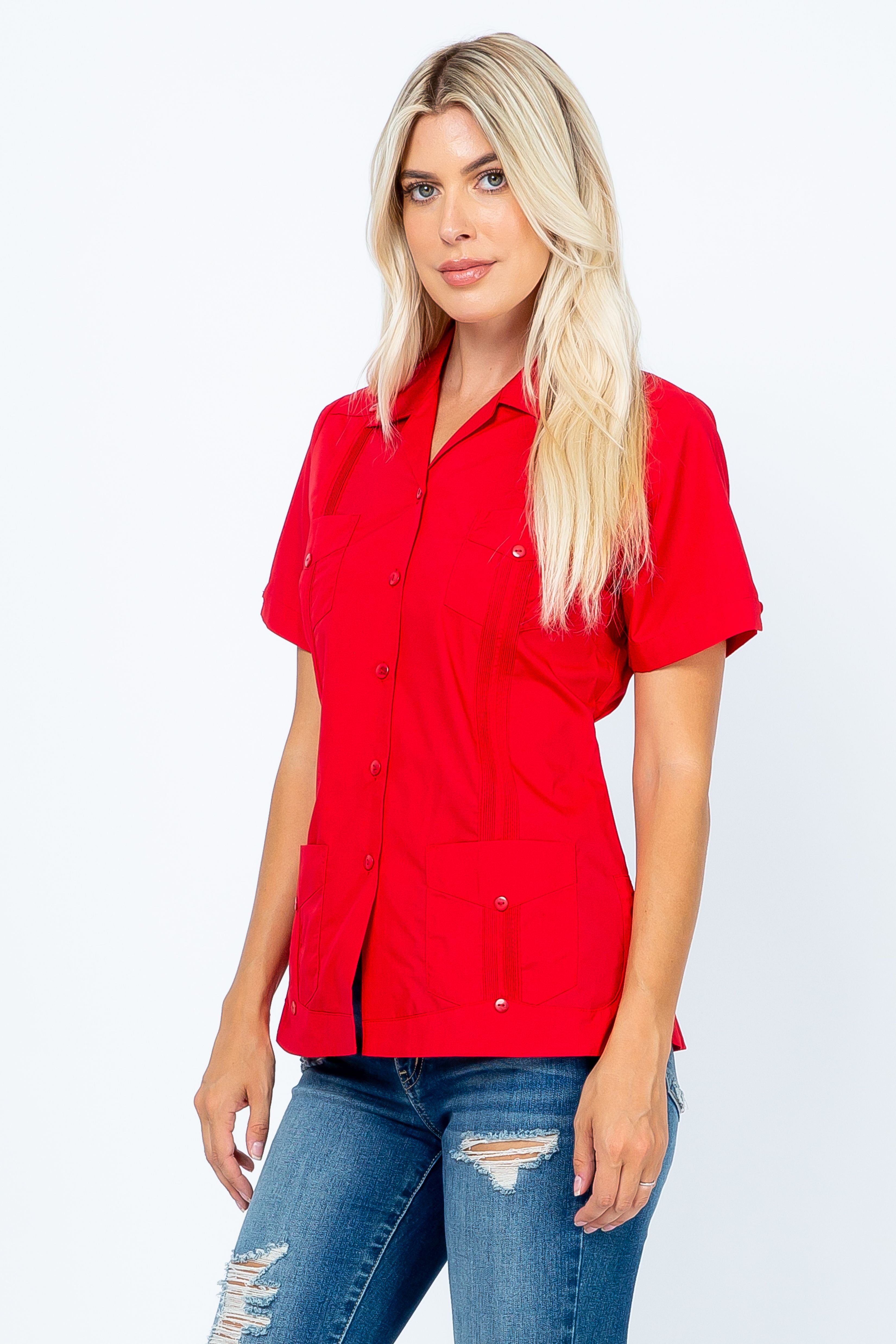 Women's Traditional Guayabera Shirt Cotton Blend 4 Pocket Design Short Sleeve - Mojito Collection - Mojito Lady Guayabera Shirt, Women's Guayabera Shirt, Womens Guayabera Short Sleeve Shirt,