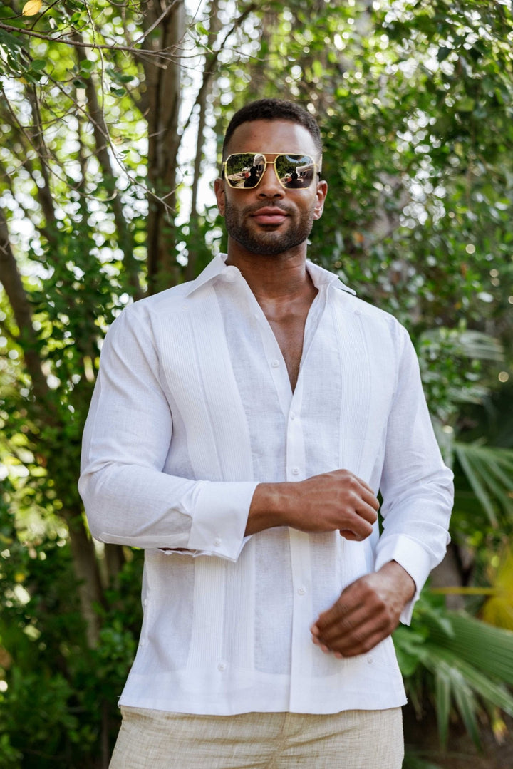 Man in the white 100% Linen Framed Pleat Wedding Guayabera with French cuffs.