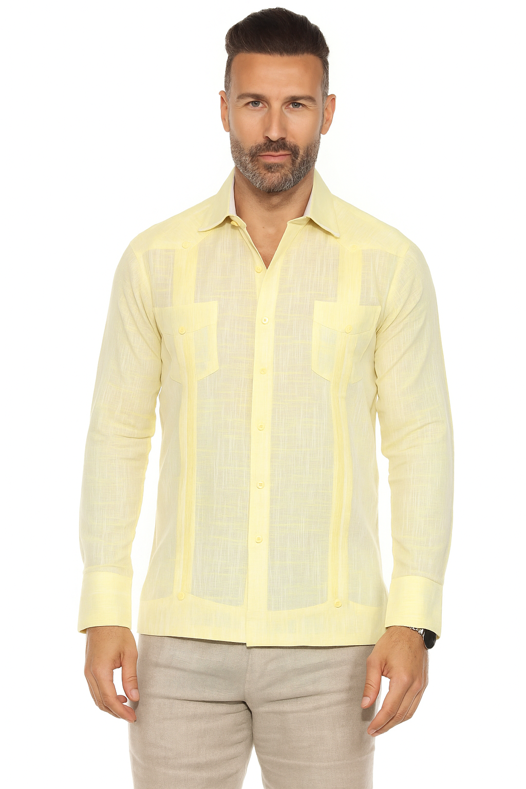 Camisa guayabera chacabana de mezcla de algodón para hombre, manga larga con ribete decorativo
