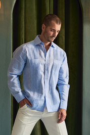 Men's 100% Linen Yarn Dyed Guayabera Chacabana Shirt Long Sleeve with 2 Pocket Design
