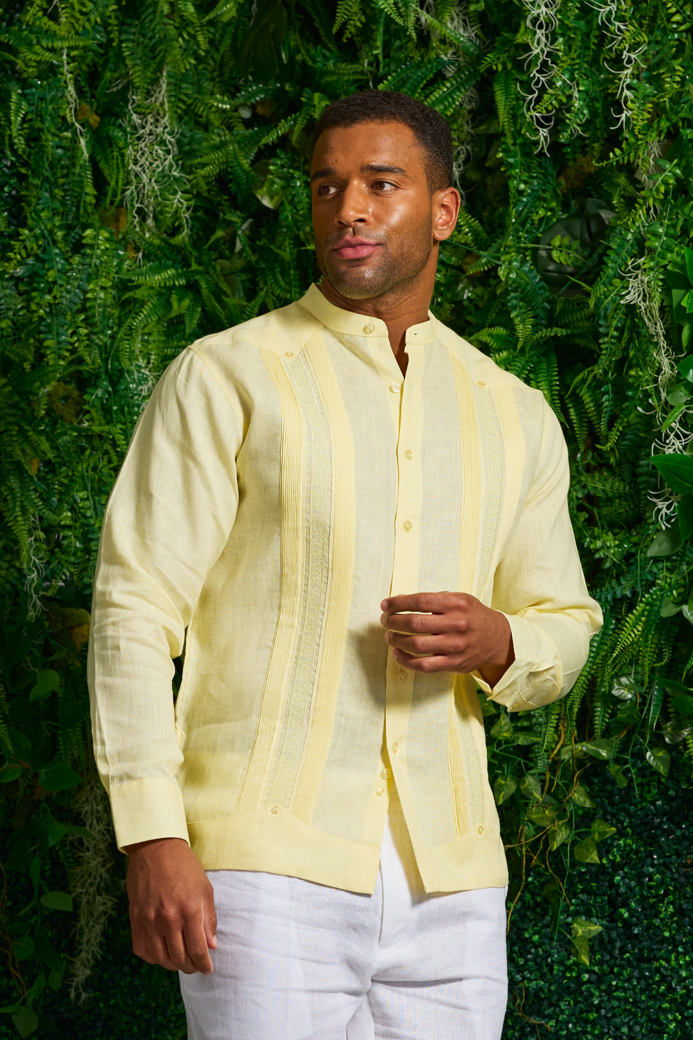 Mojito Men's 100% Linen Mandarin Collar Guayabera Chacabana Shirt Long Sleeve with Embroidery Trim Accent