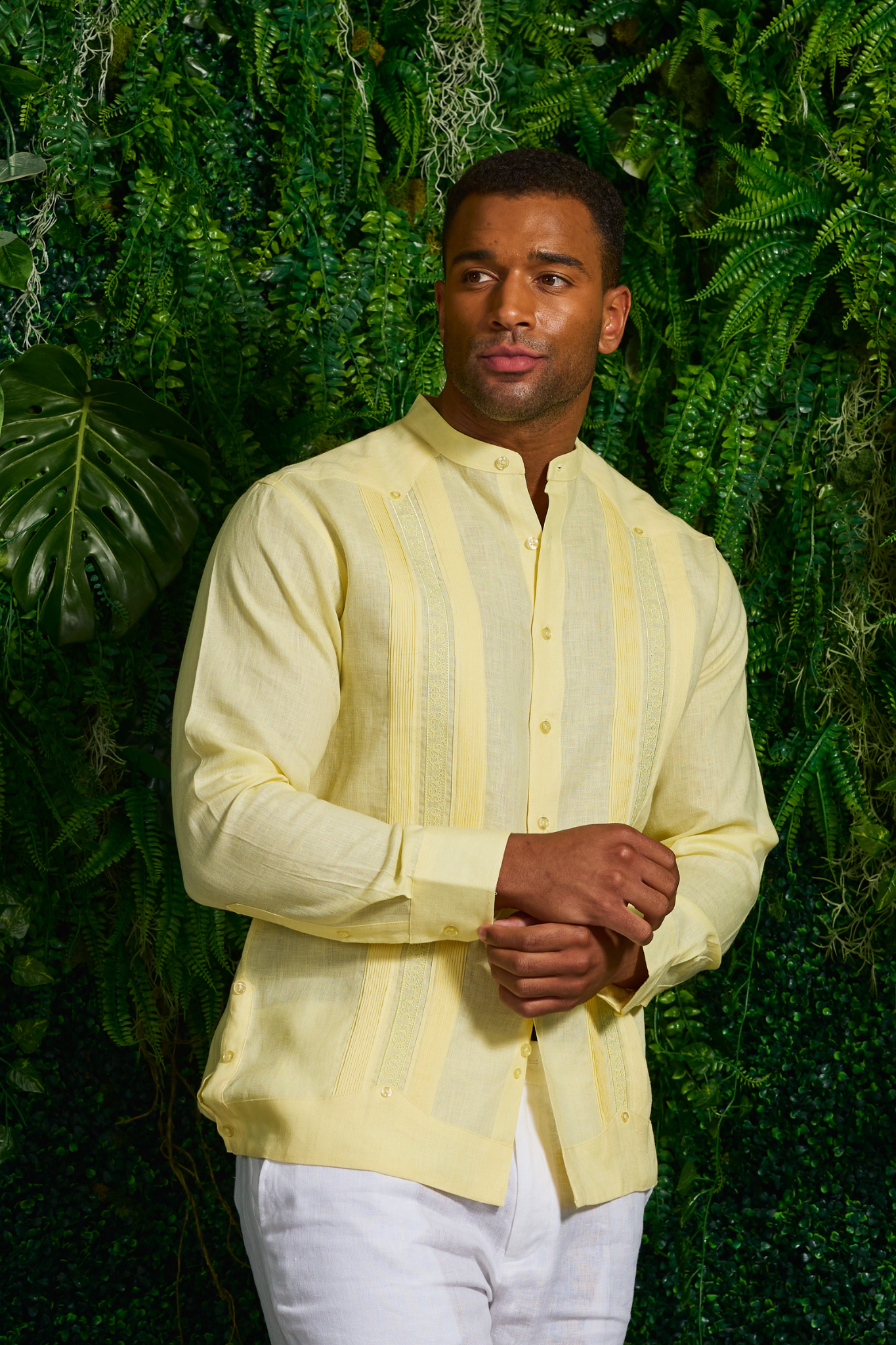 Mojito Men's 100% Linen Mandarin Collar Guayabera Chacabana Shirt Long Sleeve with Embroidery Trim Accent
