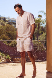 Causal Drawstring Shorts with Pinstripe Print Linen Blend