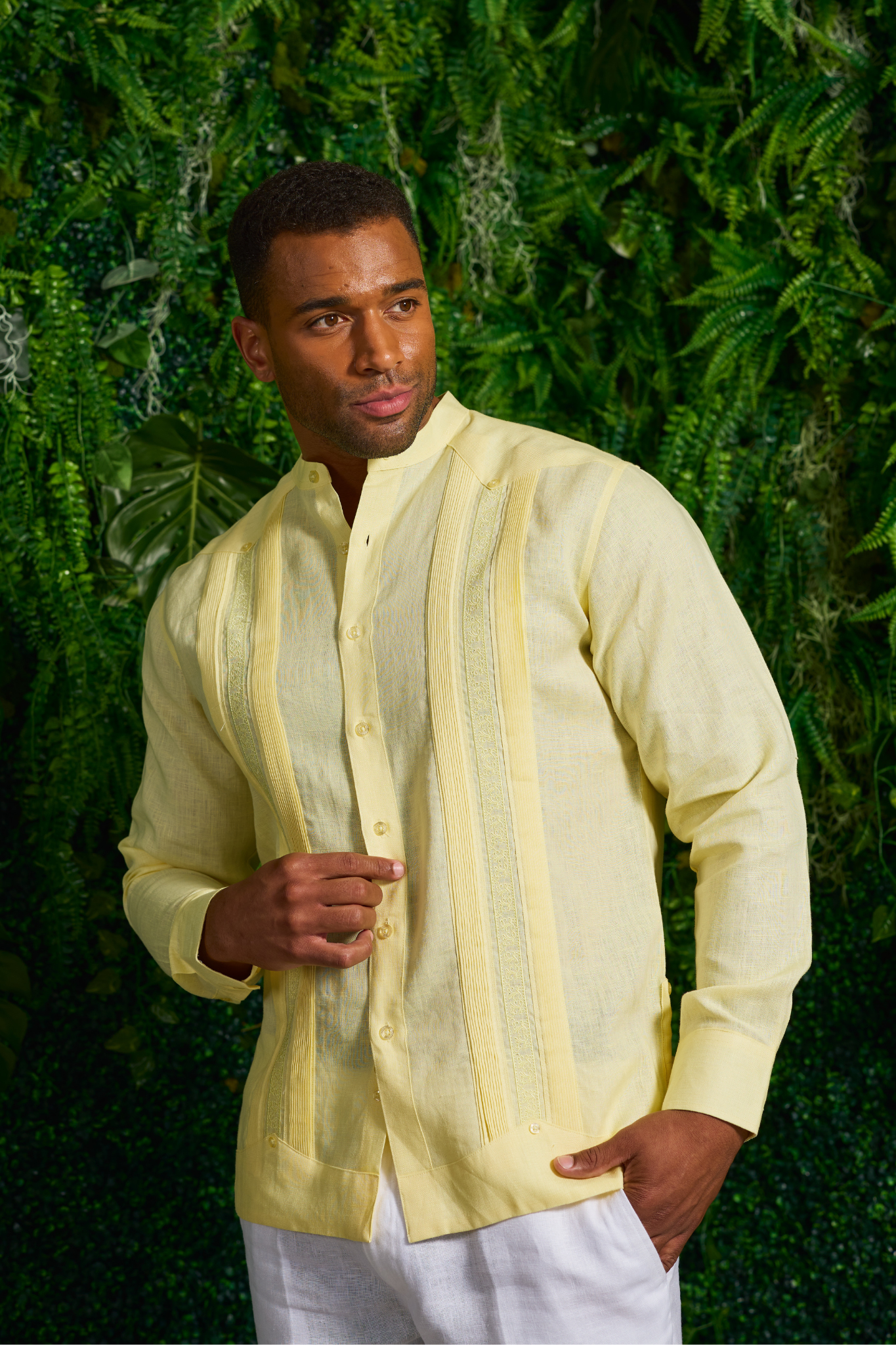 Mojito Men's 100% Linen Mandarin Collar Guayabera Chacabana Shirt Long Sleeve with Embroidery Trim Accent