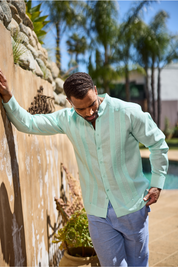 Mojito Men's 100% Linen Mandarin Collar Guayabera Chacabana Shirt Long Sleeve with Embroidery Trim Accent