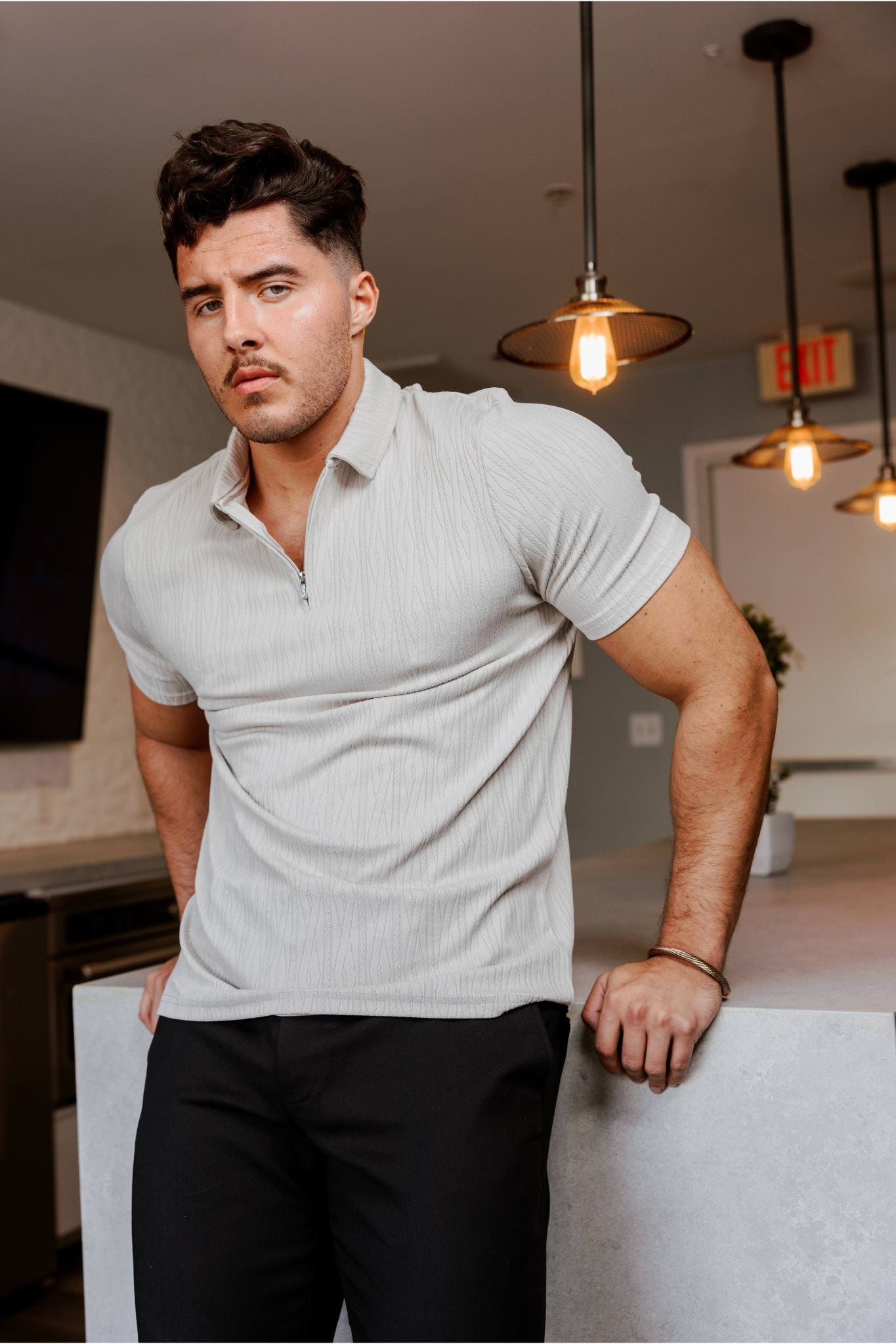 Mojito Mens Premium Stylish Polo Shirt with Modern Textured Pattern and Zipper Neckline