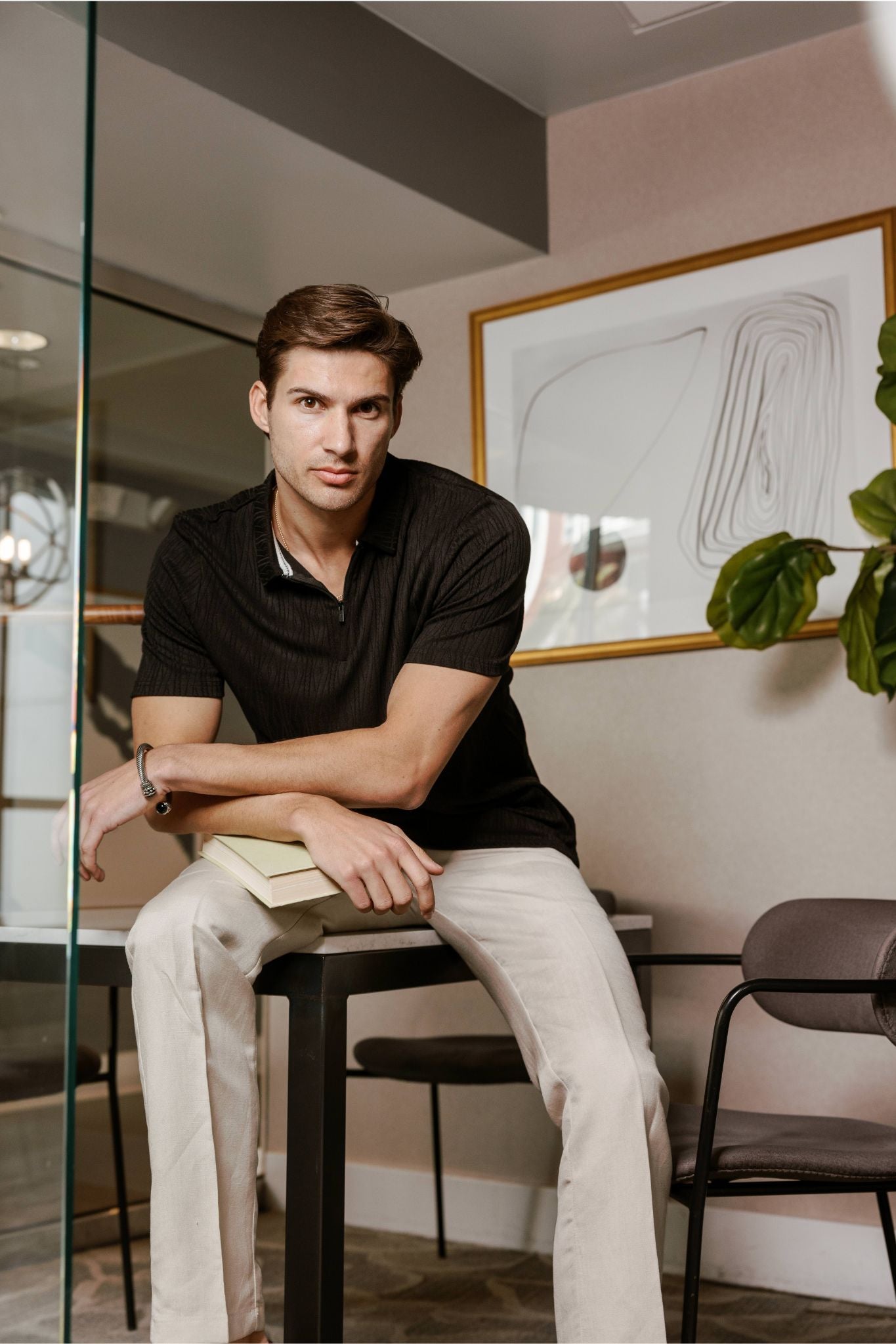 Mojito Mens Premium Stylish Polo Shirt with Modern Textured Pattern and Zipper Neckline