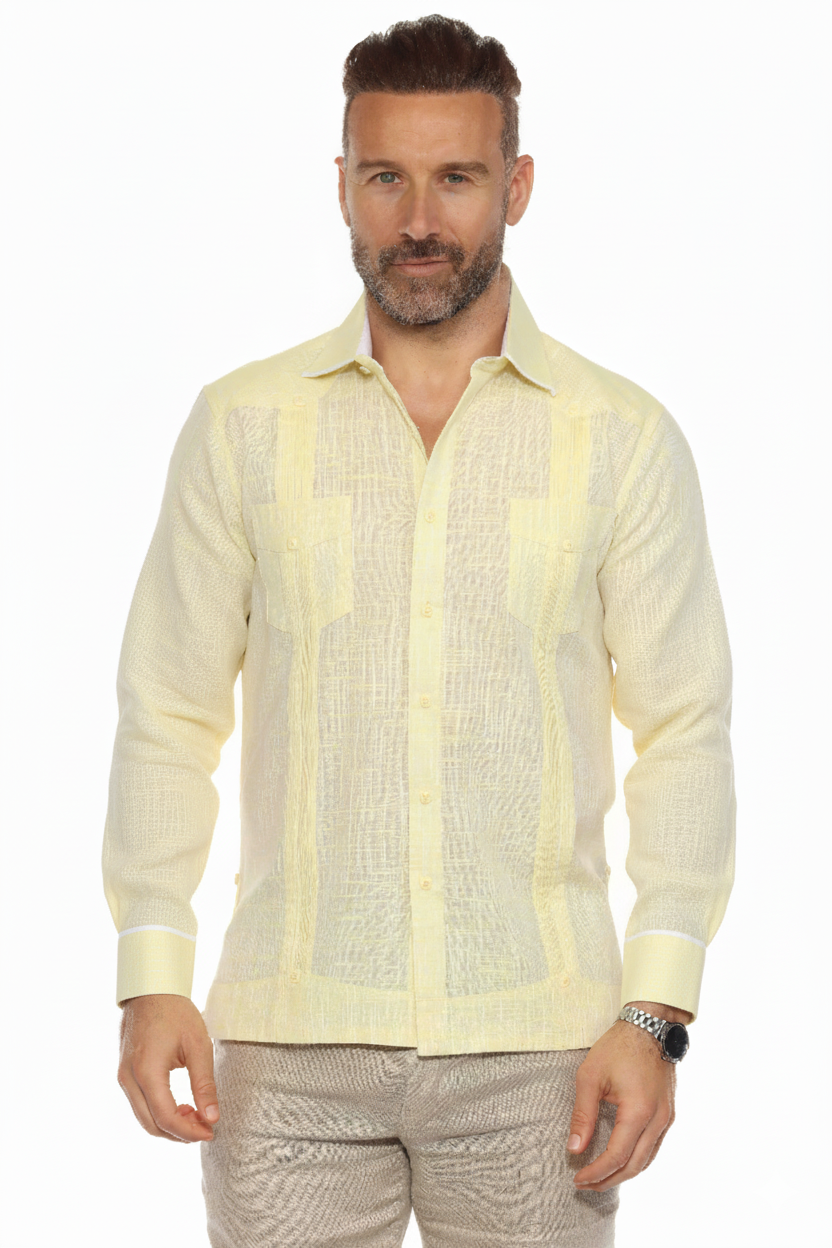 Men's Cotton Blend Guayabera Shirt Long Sleeve with Accent Trim