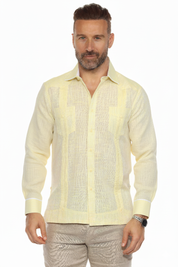 Camisa guayabera de mezcla de algodón para hombre, manga larga con ribete decorativo