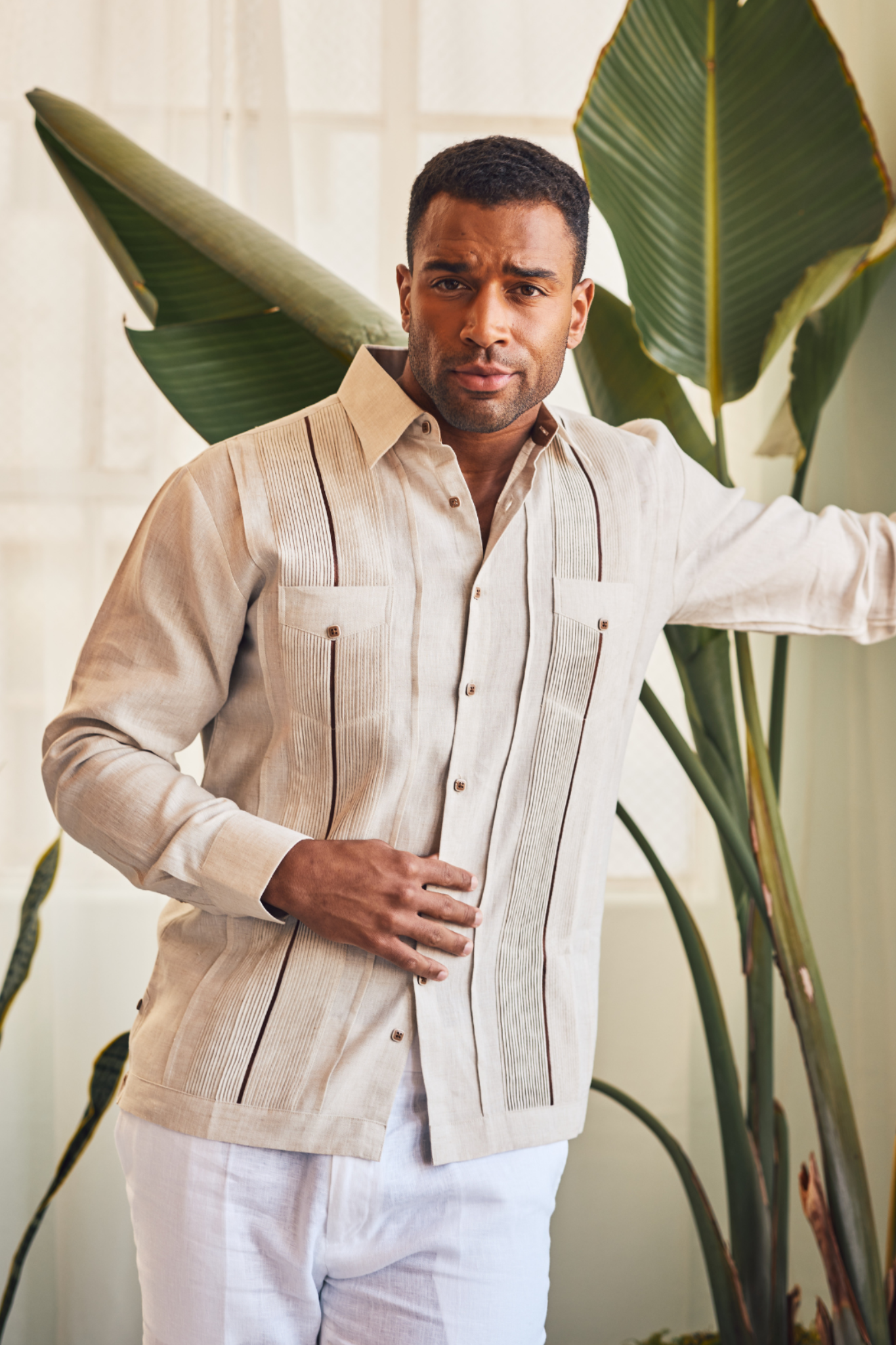 Mojito Men's Guayabera Shirt Chacabana with Contrast Trim 100% Linen Long Sleeve