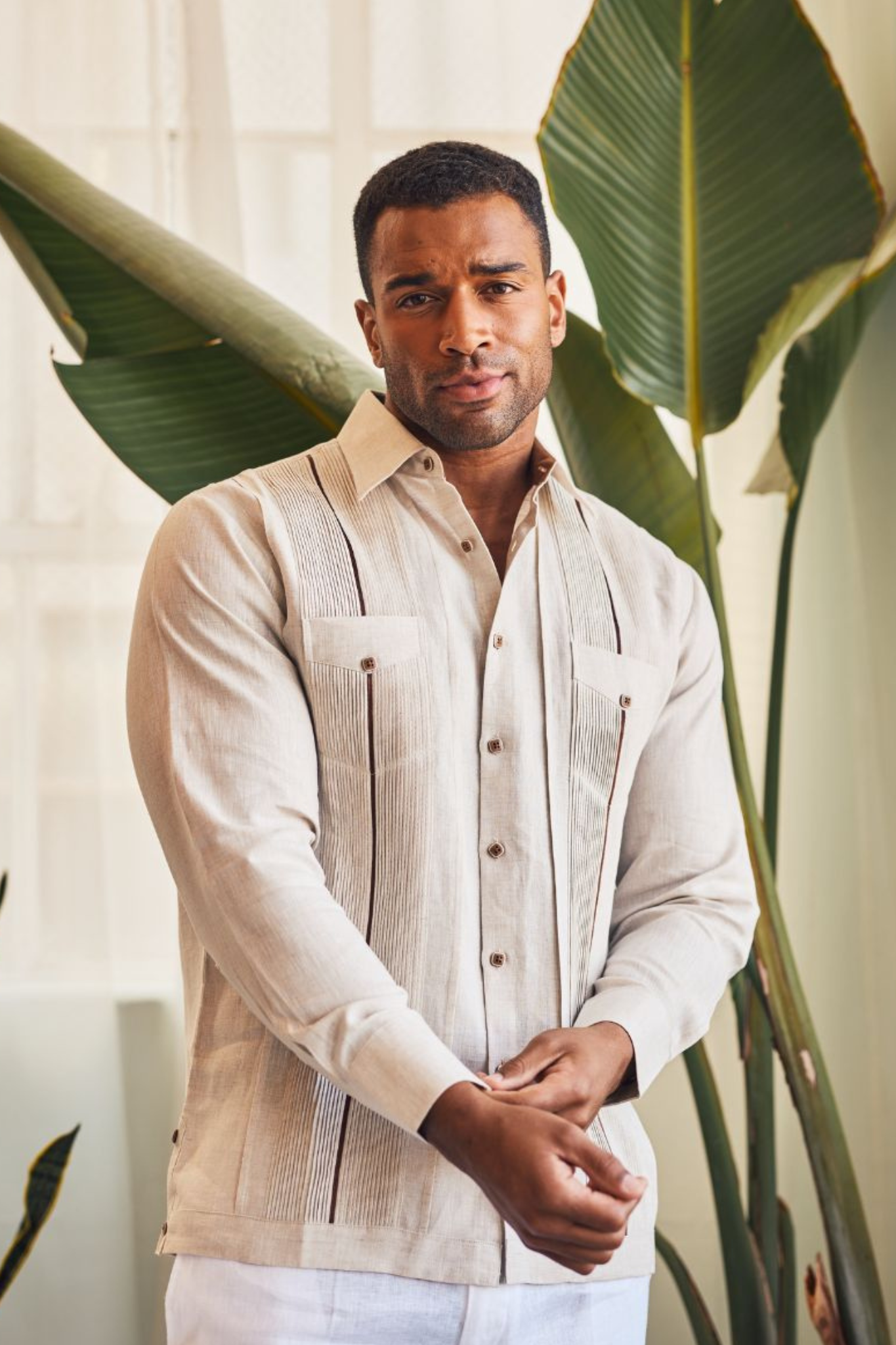 Mojito Men's Guayabera Shirt Chacabana with Contrast Trim 100% Linen Long Sleeve