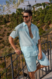 Camisa playera de manga corta con botones y ribete plisado para hombre