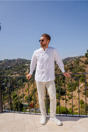 Mojito Mandarin Collar Resort Shirt 100% Linen Long Sleeve with Embroidery Accent