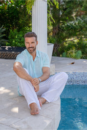 Mojito Men's Beach Button Down Shirt Pintuck Trim Contrast Short Sleeve