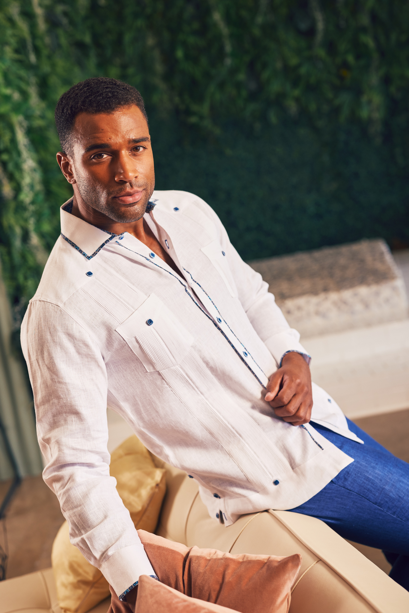 Camisa Guayabera Chacabana 100% Lino para Hombre Mojito, Manga Larga con Ribete en Contraste