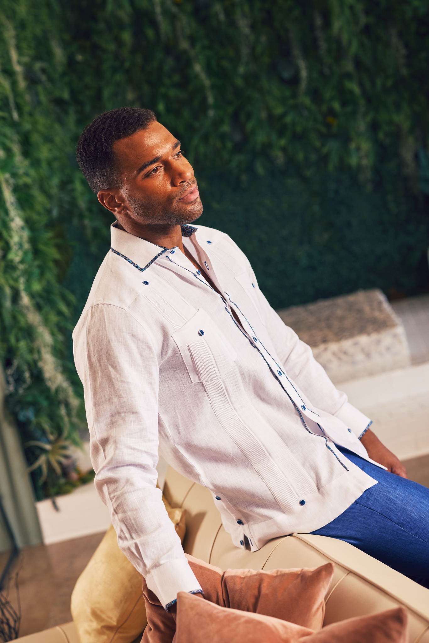 Camisa Guayabera Chacabana 100% Lino para Hombre Mojito, Manga Larga con Ribete en Contraste