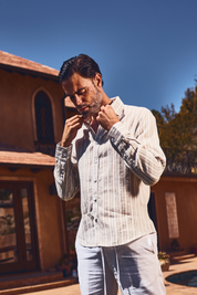 Camisa informal de rayas diplomáticas para hombre, 100 % lino, manga larga, botones