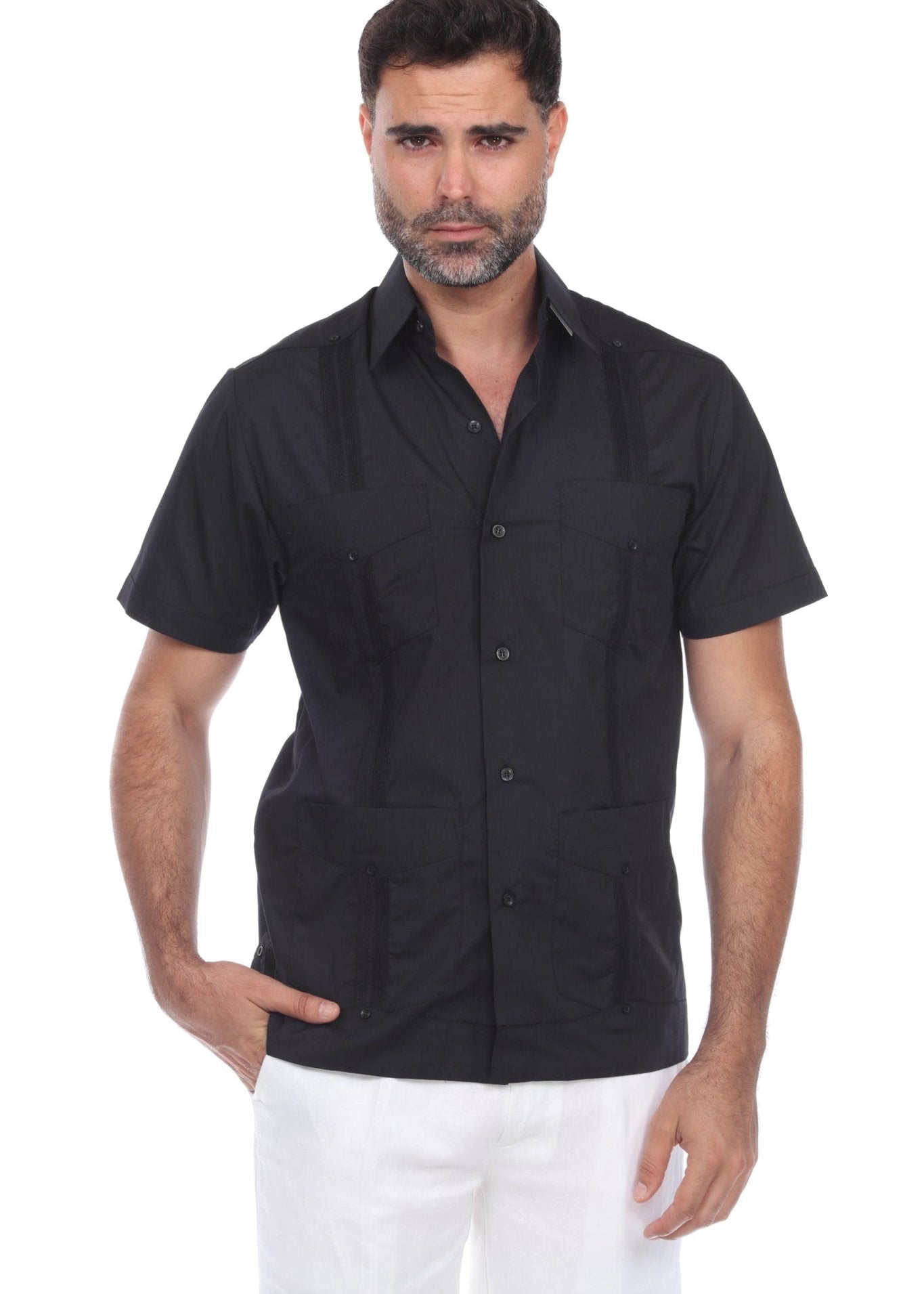 Front view of a black short sleeve guayabera shirt for men featuring a traditional four-pocket design and polished look.