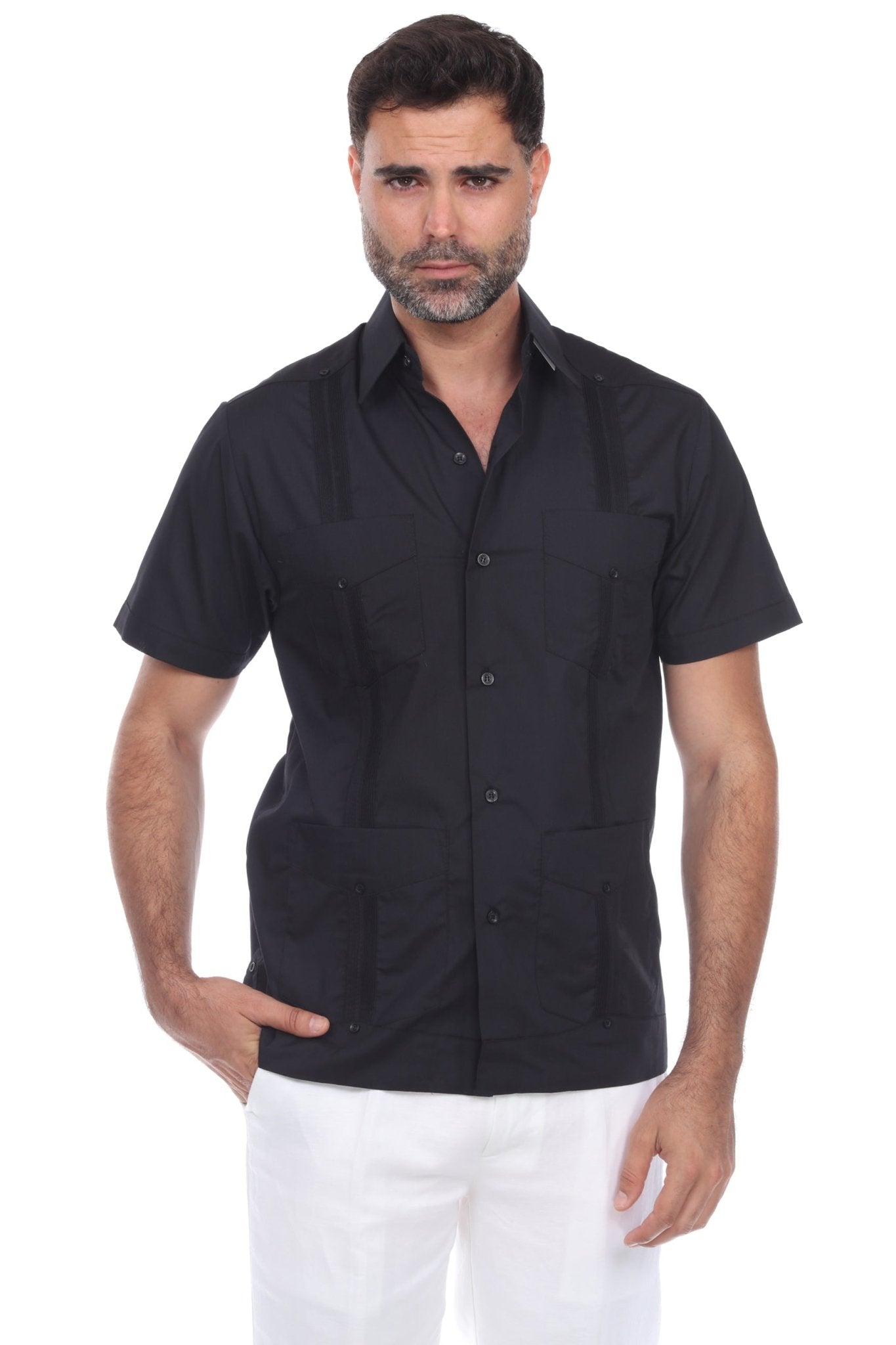 Front view of a black short sleeve guayabera shirt for men featuring a traditional four-pocket design and polished look.