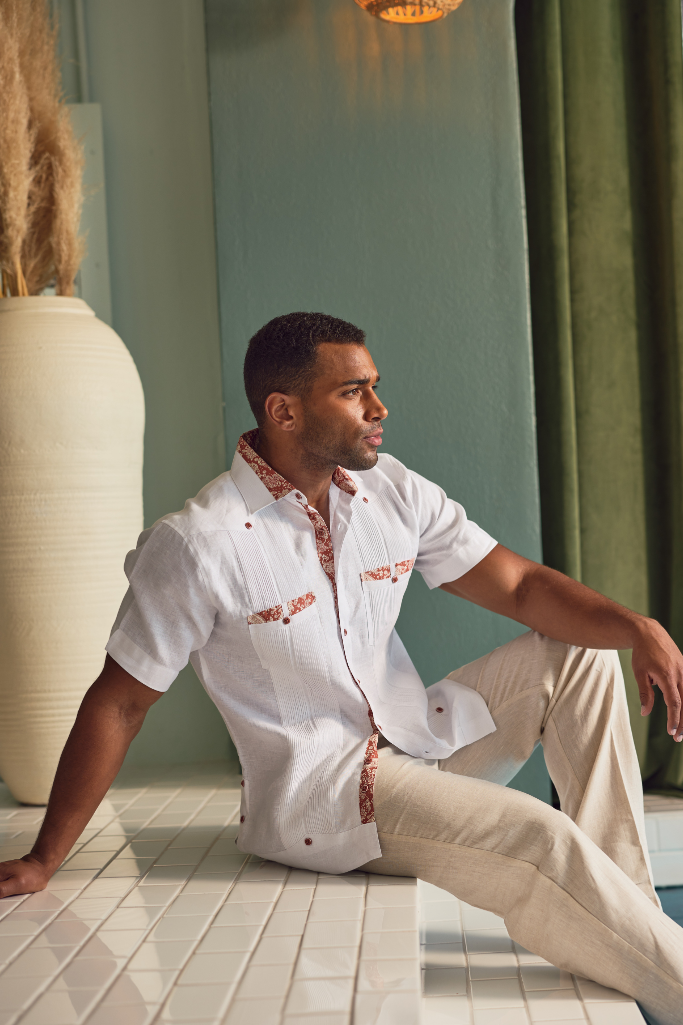 Camisa Guayabera para Hombre Manga Corta 100% Lino con Estampado Elegante