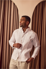 Mojito Men’s Formal 100% Linen Guayabera Long Sleeve Pleated Shirt with French Cuffs