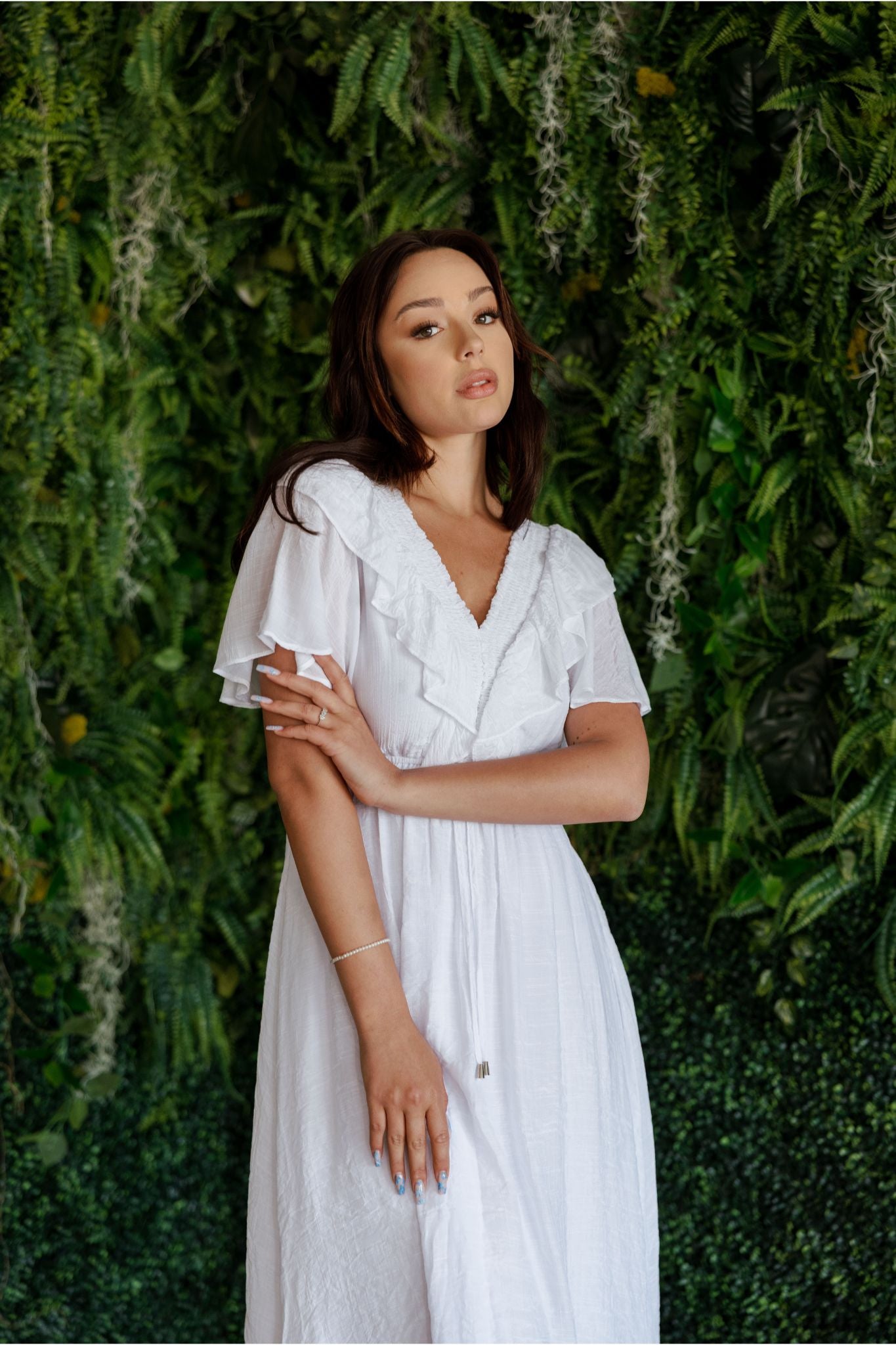 Mojito Women's Casual Resort Wear V Shaped Neckline Smocked Ruffled Empire Dress Mid Length with Drawstring Waist