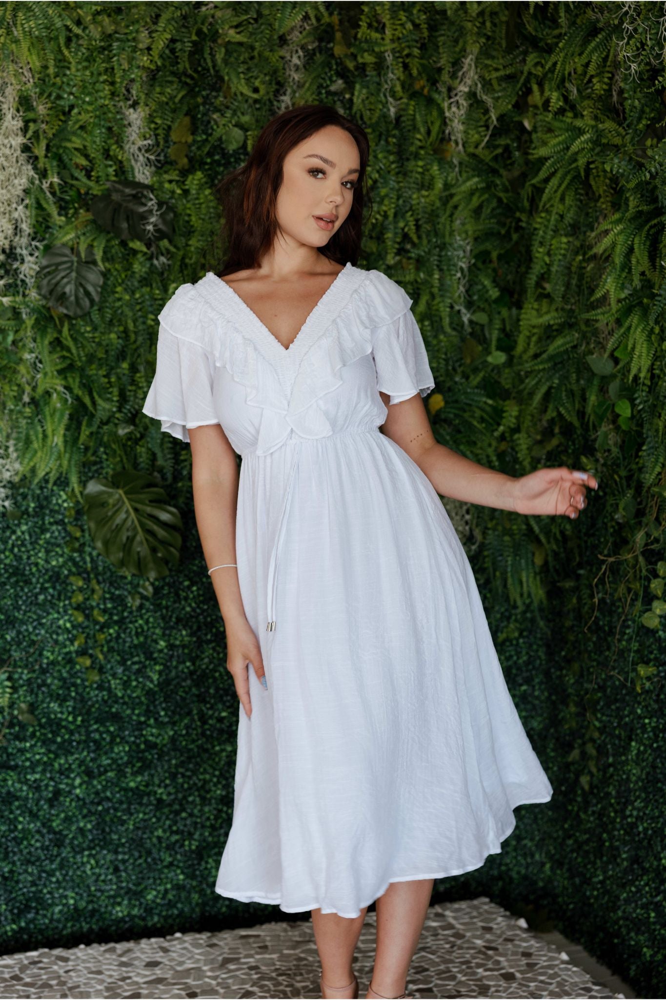 Mojito Women's Casual Resort Wear V Shaped Neckline Smocked Ruffled Empire Dress Mid Length with Drawstring Waist