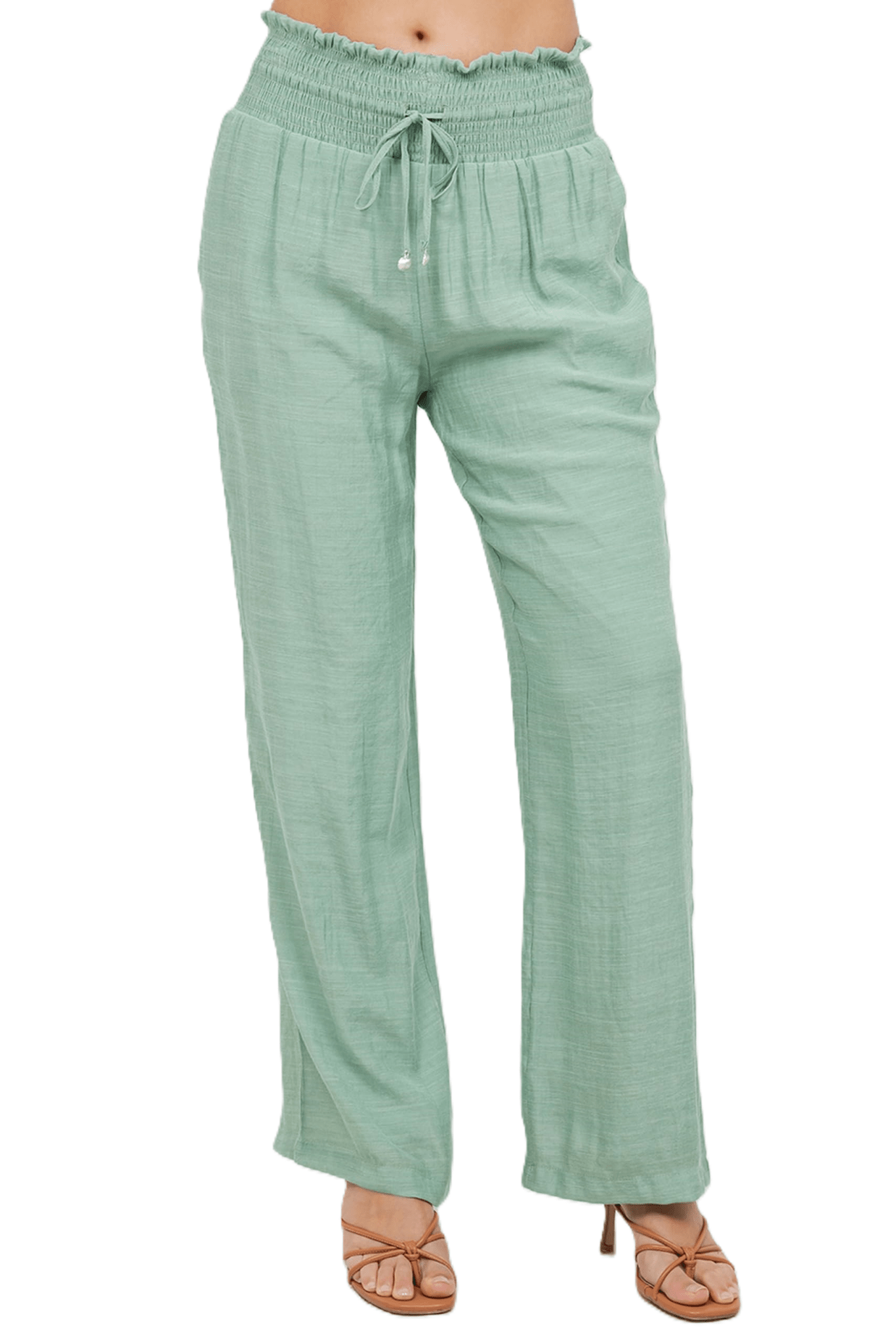Pantalón Palazzo con cordón y cintura fruncida para mujer, ropa informal de resort