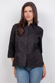 Guayabera de lino para mujer, manga 3/4, 4 bolsillos, estilo cubano