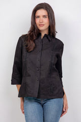 Guayabera de lino para mujer, manga 3/4, 4 bolsillos, estilo cubano