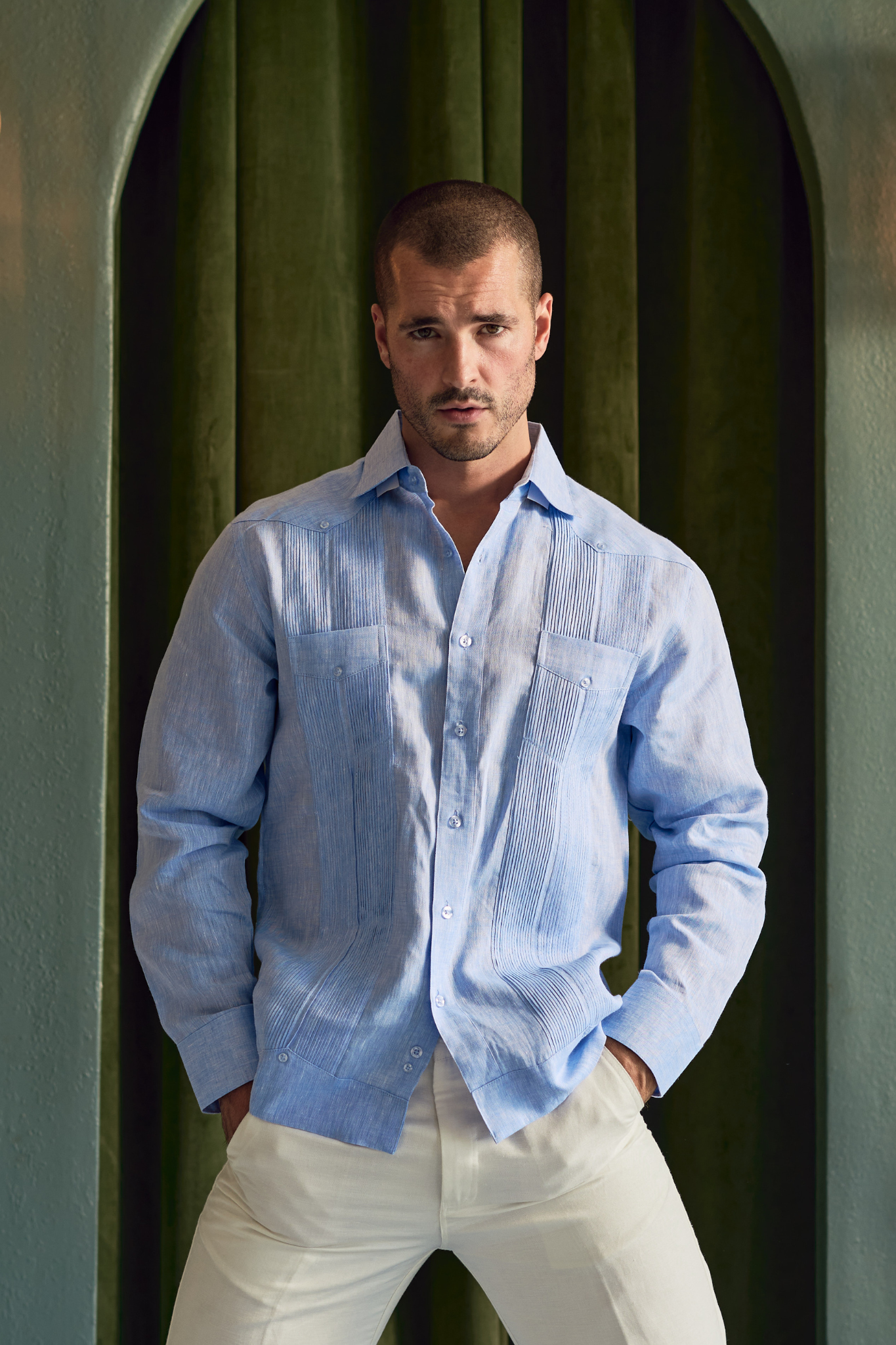 Men's 100% Linen Yarn Dyed Guayabera Chacabana Shirt Long Sleeve with 2 Pocket Design