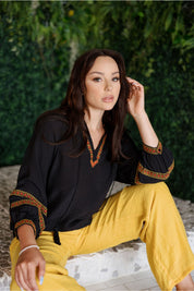 Blusa informal de mujer con escote en V y mangas dolman con ribete de crochet para resort