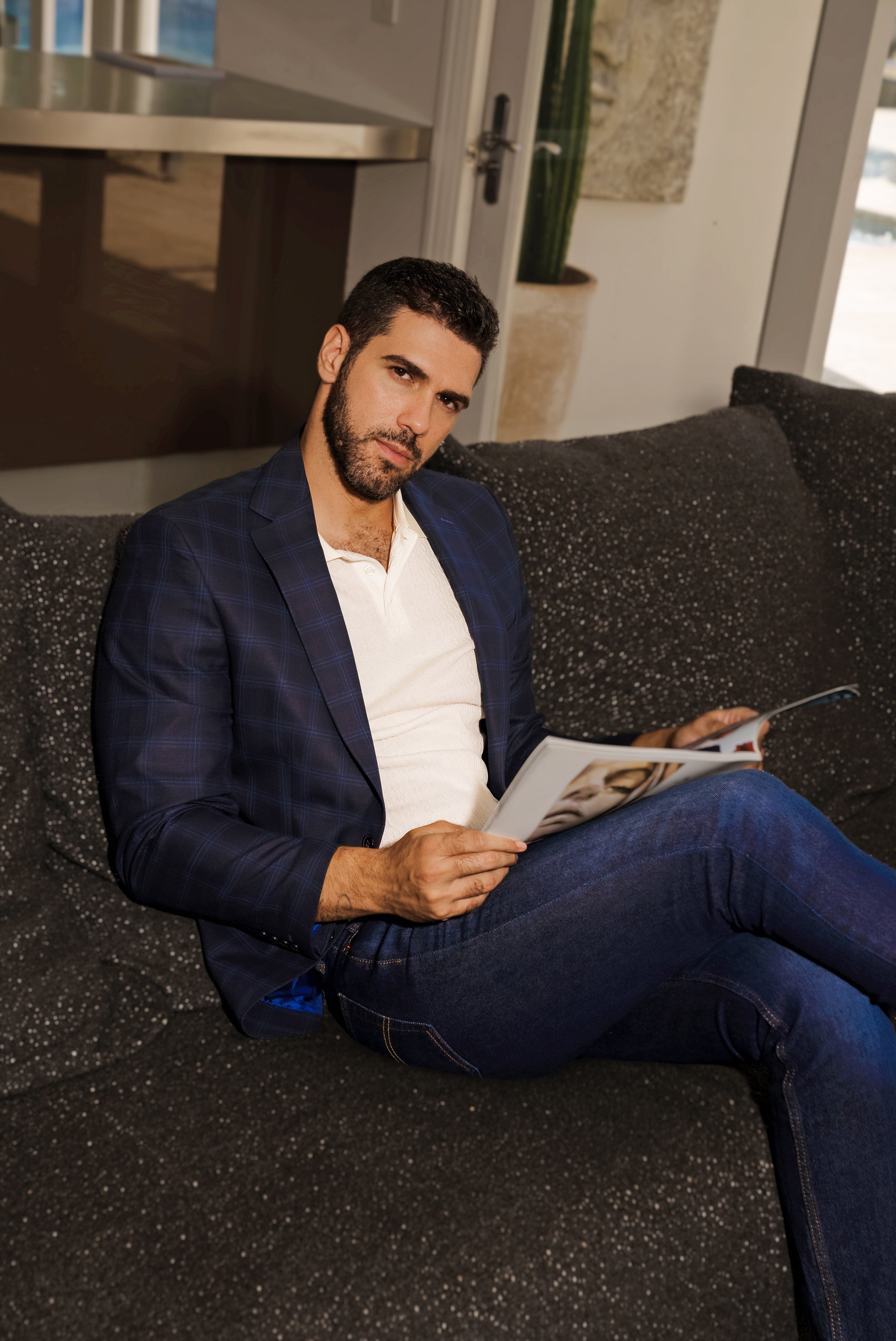 Chaqueta deportiva con estampado de cuadros azul marino para hombre de Mojito Reserve