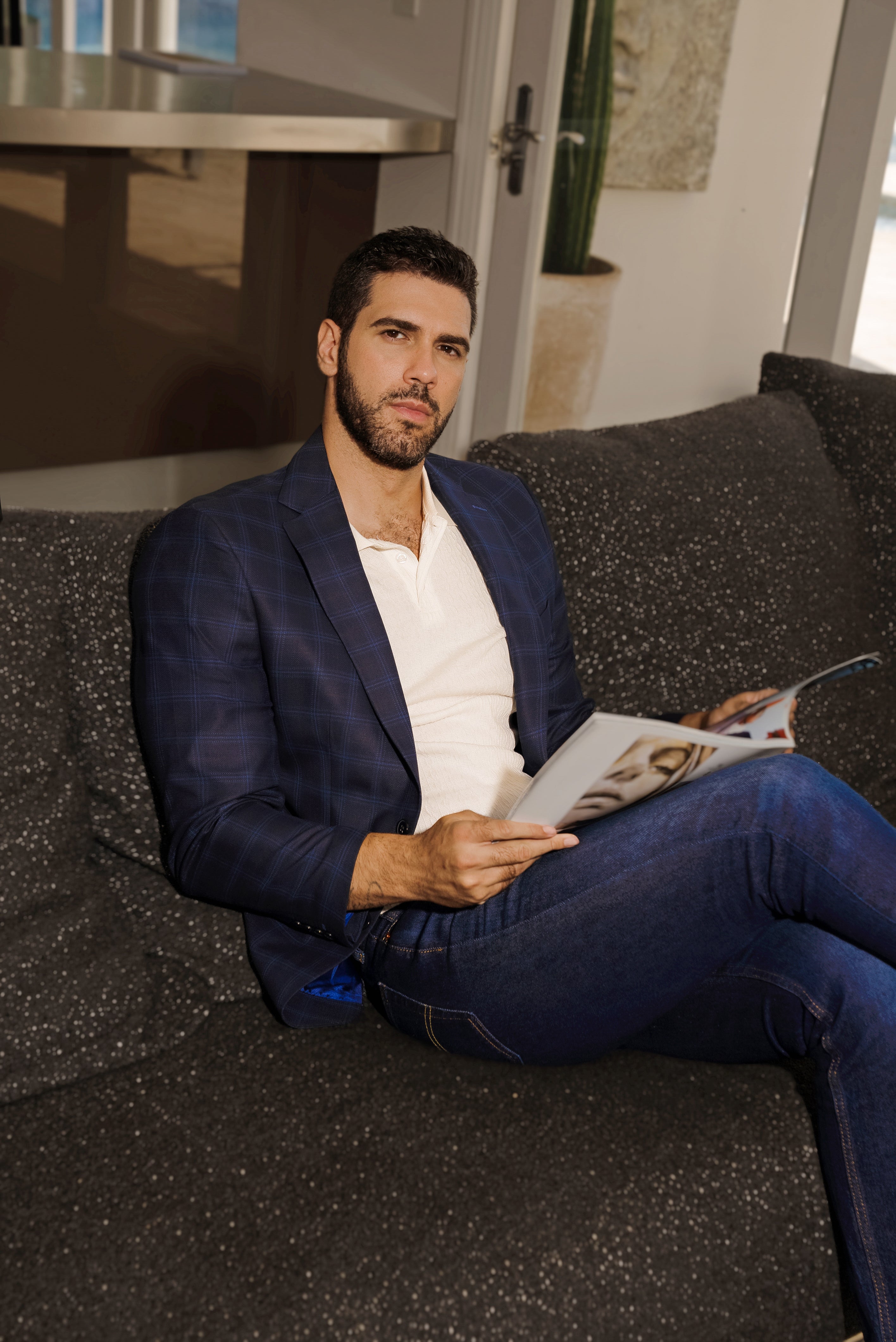 Chaqueta deportiva con estampado de cuadros azul marino para hombre de Mojito Reserve