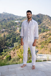 Men's Guayabera Chacabana Shirt Cotton Blend Long Sleeve with Contrast Accent Trim