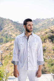 Men's Guayabera Chacabana Shirt Cotton Blend Long Sleeve with Contrast Accent Trim